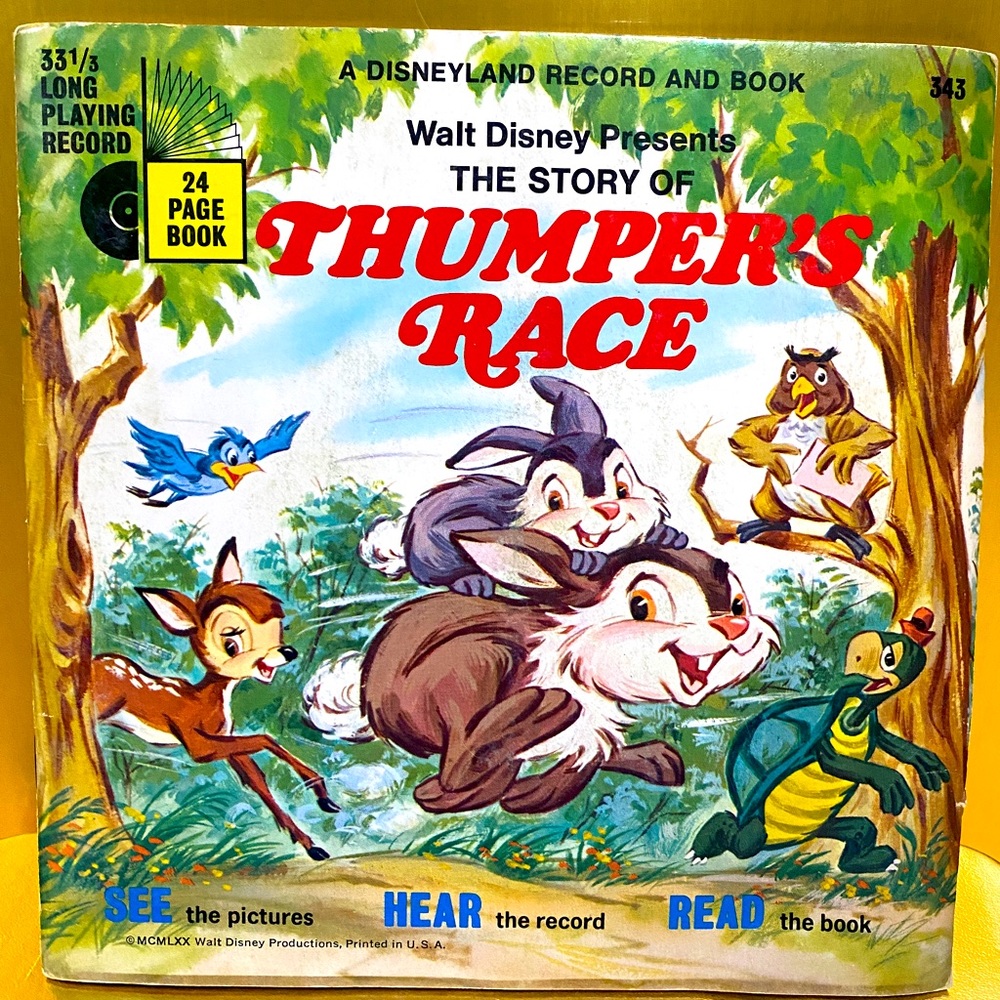WALT DISNEY BAMBI 1977 THUMPER’S RACE DISNEYLAND VINYL RECORD & READ ALONG BOOK